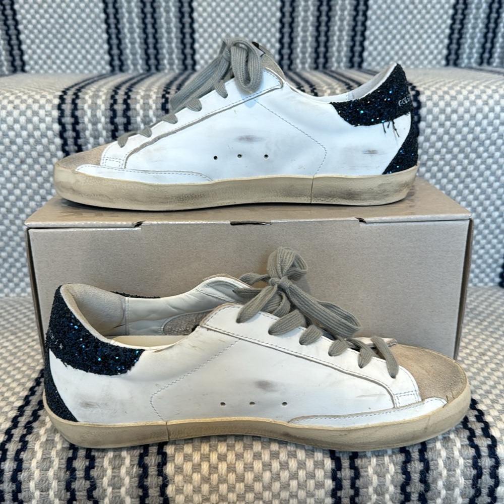 GOLDEN GOOSE Superstar Suede Glitter Low-Top Sneakers 39 white/silver/night blue - Picture 2 of 14